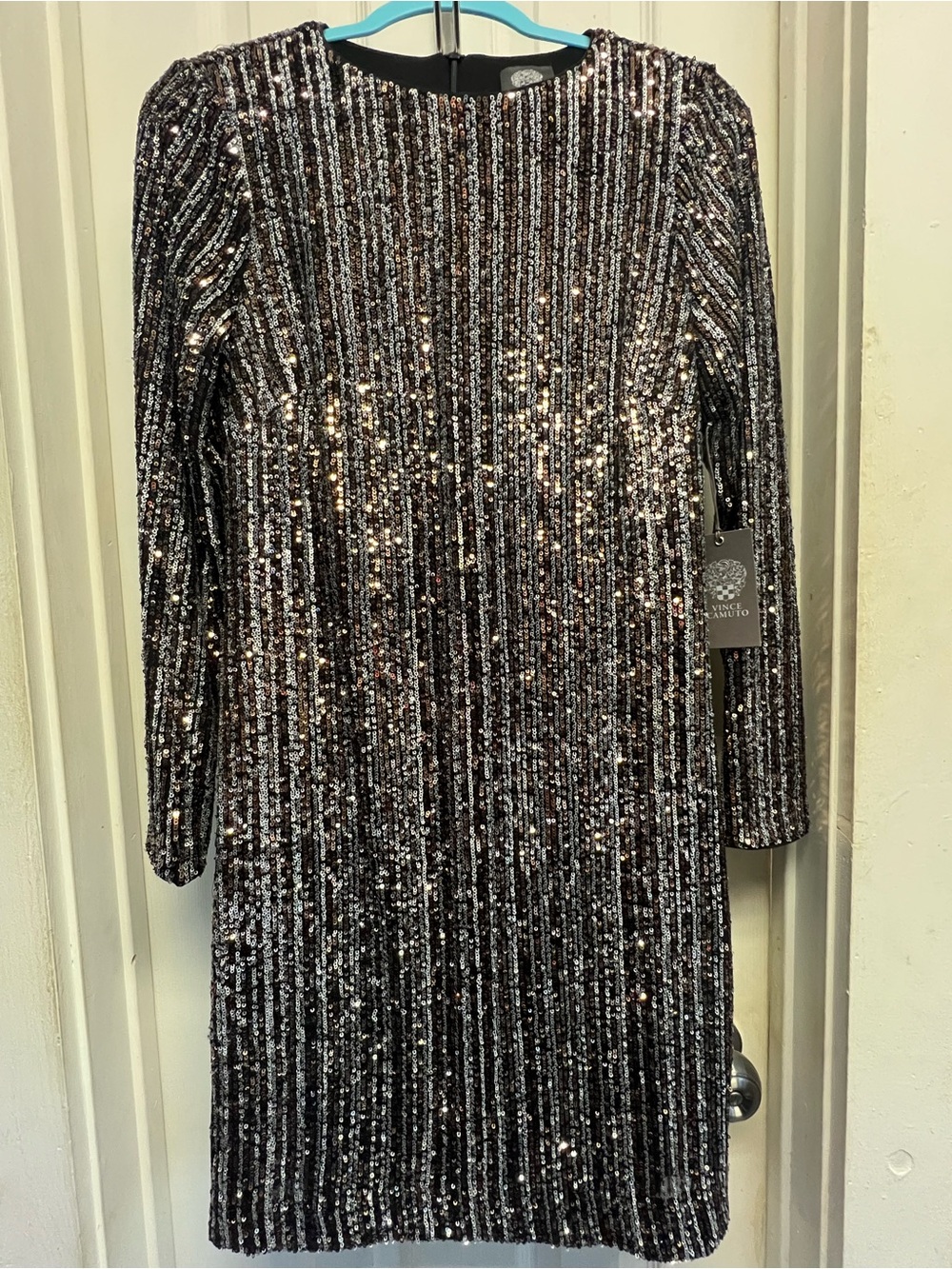 Vince Camuto Black and Silver Sequin Long-Sleeve Shift Dress